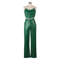 Women's Green Corset Cut-Out Cargo Sexy Sleeveless Jumpsuits PU Leather Matching Set Sexy Clubwear 2 Piece Outfits