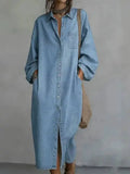 Women Denim Dress Lapel Collar Long Sleeve Loose Maxi Button Down Pocketed Casual Fashion Summer