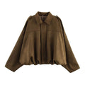 Women's Faux Suede Cropped Bomber Jacket Lapel Collar Zipper Loose Autumn Winter Casual Streetwear Vintage Coat 2026 New