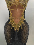 Sexy Sparkly Diamonds Sleeveless See-Through Long Dress Women Birthday Celebrate Evening Party Photo Shoot Stage Costume