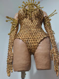 Sexy Sparkly Golden Rhinestones Eyes Stretch Bodysuit Women Eveing Birthday Party Nightclub Bar Singer Dancer DJ Stage Costume