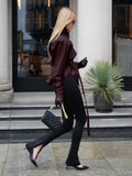 American Retro Burgundy Leather Jacket for Women Stand Collar Long Sleeves Slimming Design Coat Female Winter New