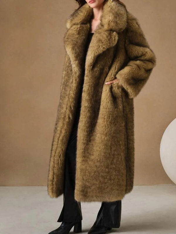 Luxury Patchwork Imitation Fur Mid Length Coat for Women Lapel Long Sleeve Spliced Pocket Loose Winter Coats Female