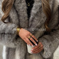 Fashion 90s Vintage Retro Brown Striped Faux Fur Coat Women Winter Chic Scraf Collar Overcoat Fox Fur Jacket