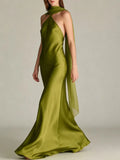Elegant Satin Halter Floor length Dress for Women Draped Scarf Detail Sleeveless Fitted Column Mermaid Evening Party Gown