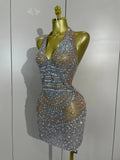 Sexy Sparkly Rhinestone Sleeveless Mesh See Through Mini Dress Luxury Birthday Dress Celebrate Party Club PhotoShoot Stage Wear