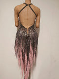 Singer Stage Nightclub Outfit Sexy Chic Gray Pink Glittering Beaded Fringed Halter Dress Performance Costume Dance Party