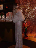 Elegant Apricot Slash Neck Stretch Long Dress Sexy Long Sleeves Off Shoulder Sparkling Diamond Evening Banquet Gowns