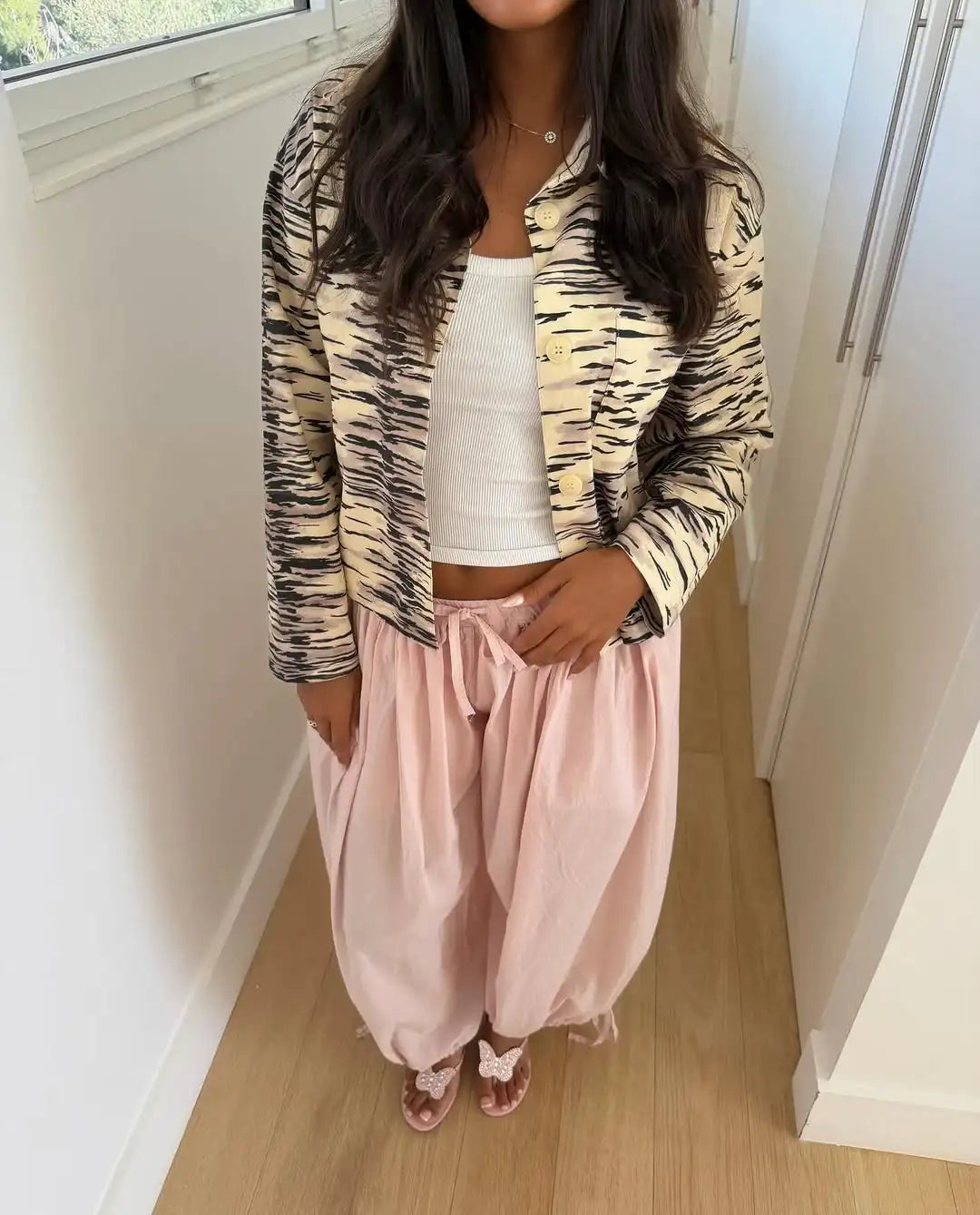 Zebra Print Cropped Shirt Jacket Women Long Sleeve Button Down Casual Loose Outerwear Autumn Female Casual Streetwear Outfit