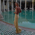 Thin Strap Diamond Back Women Maxi Dress Round Neck Cut Out Irregular Back Buckle Detail Fitted Waist Floor Length Long Dress