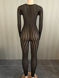 Hottie See Through Jumpsuit Women O-Neck Irregular Stripe Patchwork Jacquard Hollow Sexy Street Stretch Slim Overall