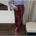 Women 2‑Piece Outfit Glossy Waxed Faux Leather Zip‑Up Jacket And High Waist Split Midi Skirt Set Fall Streetwear Matching Suit