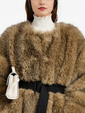 Street Crew Neck Faux Fur Midi Coat Long Sleeve Loose Winter Jacket with Adjustable Fabric Waist Belt Side Pockets for Daily