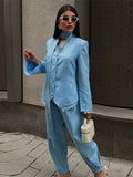 Lace Trim Two Piece Set Tie Neck V Neck Waistcoat Slit Sleeve Blazer Wide Leg Trousers 2026 Autumn  Lady Elegant Chic Outfit