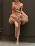 Fashion Orange 3D Floral Appliquet Mini Dress for Women Sleeveless O Neck Slim Sheer Tulle Puffed Skirt for Themed Parties