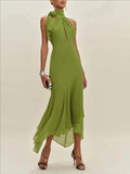 Elegant Women's Halter Long Dress Casual Hollow Out Backless Ruffles Maxi Dresses Evening Wedding Guest Party Summer New Prom