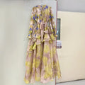 French Vacation Style Floral Print Dress for Women Tie Neck Waist Belt Asymmetrical Ruffle Hem Skirt for Outdoor Photoshoot