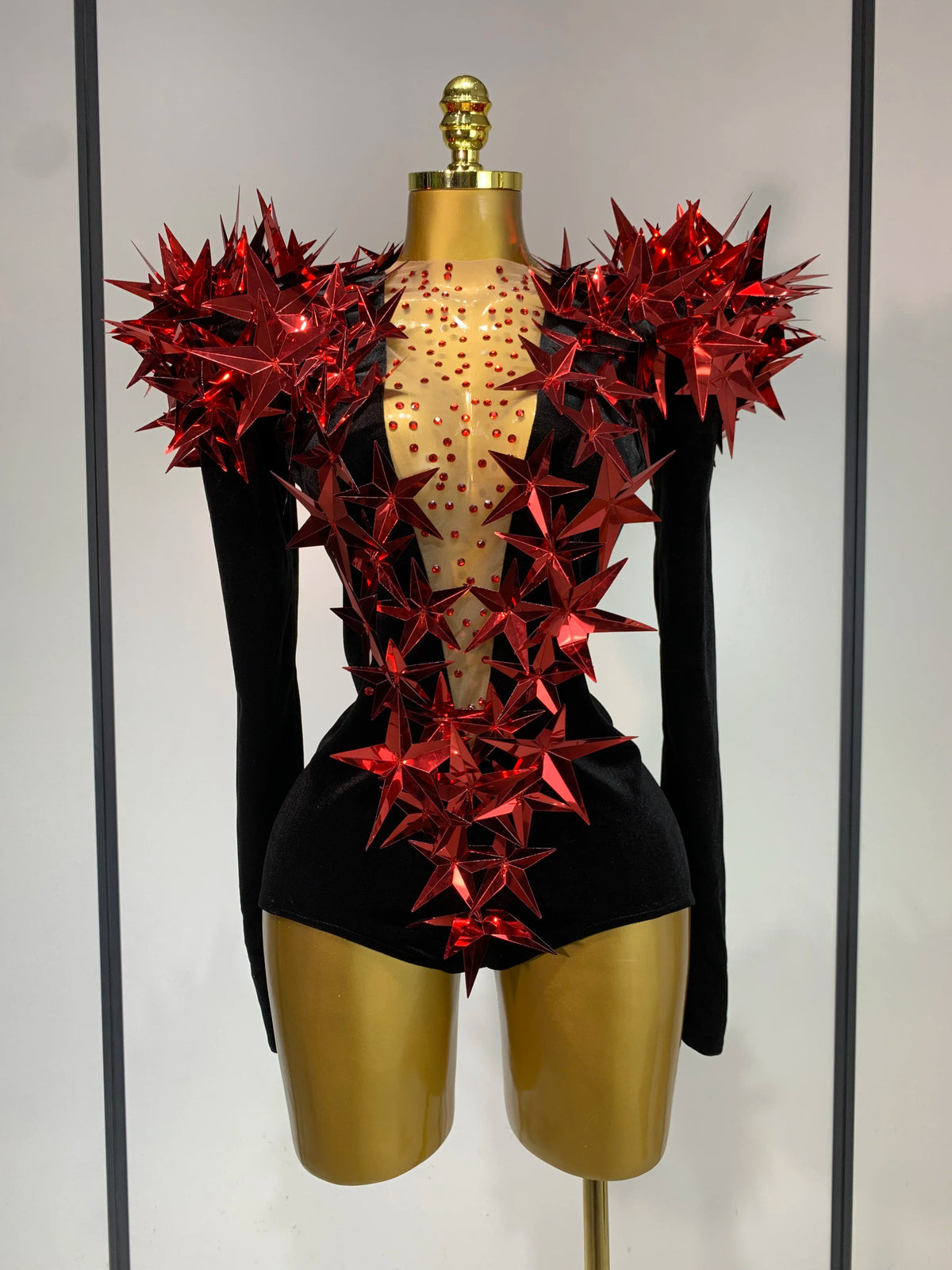 Women Sparkly Gold Rhinestone Black Velvet Long Sleeve Bodysuit Evening Party Club Gala Hosts Night Club Bar Stage Costumes