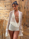 Sexy See Through 3 Piece Set Women Halter Bra+Swing Collar Flared Sleeve T-Shirts+Skinny Shorts Fashion Elegant Set