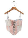 Sweet Summer Outdoor Travel Striped Corset Camisole Set for Women Thin Strap Lace Up Outfit for Seaside Vacation Casual Wear