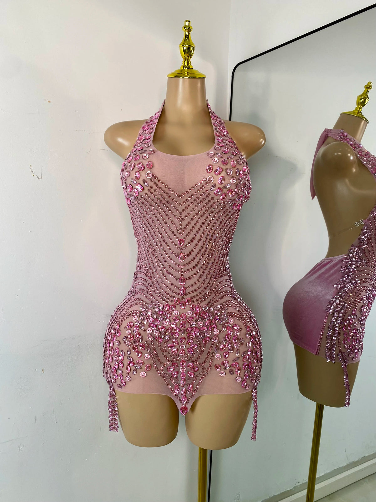 Wome Sexy Sparkly Diamond Halter Backless Bodycon See Through Outfit Birthday Dress Dancer Nightclub Performance Stage Costume