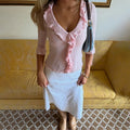 Ruffled Knit Casual Pullover Women's Bow Lace Up V-Neck Solid Slim Commuter T-Shirt Summer New Female Party Vacation Top