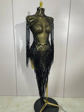 Women Evening Birthday Party Nightclub Dance Singer Stage Outfit Sexy Sparkly Rhinestone Sequins Tassel Mesh Transparent Dress