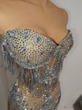 Women Sparkly Diamond Tassel Silver Strapless Mesh See Through Dress Latin Dance Bar Nightclub Party Club Dancer Stage Wear