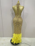 Luxury Sparkly Red Rhinestones Feather Sexy Mesh See Through Long Dress Women Birthday Evening Nightclub DJ Dancer Stage Costume