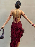 Elegant Backless Dress Women Mesh Patchwork Slash Neck Lace-Up Irregular Tierred Midnight Banquet Party Long Bodycon
