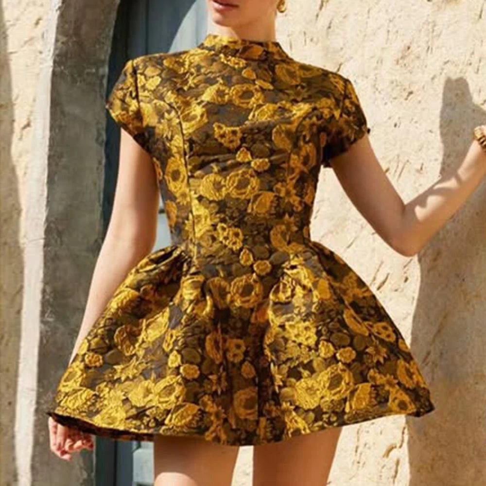 Hit Color Printing Slimming Mini Dresses for Women O Neck Short Sleeve High Waist Temperament Dress Female