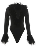 Patchwork Plush Bodysuit Women Deep v-Neck Full Sleeve Skinny High Elasticity Sexy Hottie Midnight Autumn Streetwear