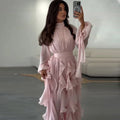 Solid Spliced Ruffles Folds Long Elegant Dresses for Women Lace Up Stand Neck Long Sleevs Tunic Temperament Dress Female