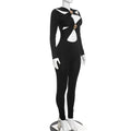 Sexy Hollow Out Jumpsuits Woman Trend Metal Buckle Decoration Full Sleeve Skinny Peach Hip Party Club Street Overalls
