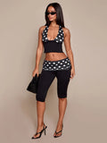 Patchwork 2-Piece Set Women Backless Halter Low-Neck Vest+Folds Elastic Waist Short Fashion Polka Dot Print Suits