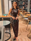 Sleeveless Leather Maxi Dress For Women Tight Pleated Sexy Hip-Hugging Dress Vestido Solid High Waist Party Female Dress