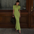 Short Sleeve Knitted Long Dress Female Slim Hollow Retro Elegant Sweater Dress 2025 Summer New High Waist Women‘s Dress