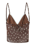 Casual Coffee Polka Dot Two Piece Set for Women Lace Trim Cami Sheer Mesh Ruffled Midi Skirt Set for Vintage Dates