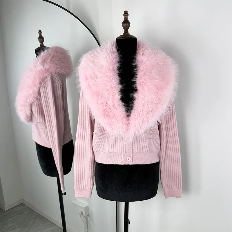 Fur collar Sweaster Cardigan Women's Buttons Long Sleeve Solid Slim Knitted Coat Female Autumn Winter Commuting Cardigan