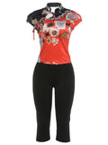 Floral Print Lace-Up Hollow Stand Collar Short Sleeve T-Shirts+Skinny Wrap Hip Crop Pants Woman Sexy Fashion Suits