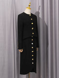 Minimalist Style Two Piece Set Female O Neck Long Sleeve Top with Button High Waist Split Bodycon Office Skirts Suit Female