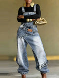 Women Baggy Jeans Overalls Wide Leg Irregular Wrap Washed Streetwear Chic Pocket Casual Autumn