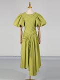 Solid Spliced Drawstring Folds Designer Maxi Dress for Women O Neck Puff Sleeve High Waist Elegant Party Dresses Female New