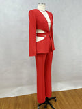 Red Sexy V-neck Long Sleeve Jacket+High Waist Flare Pants Blazer Set Women'S 2026 New Hollow Out Designer Two-Piece Set