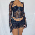 Glitter Sequins Knitted Skirt Sets Women 3 Piece Outfit Vacation Festival Clothing Sheer Top and Mini Skirt Matching Sets
