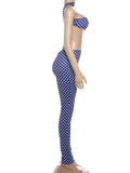 Hottie Polka Dot 2-Piece Set Women Halter Chest Wrapped Backless Top+Ruched Peach Hip Pants Stretch Skinny Clubwear