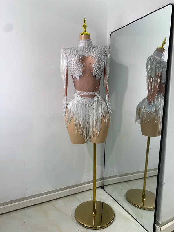 Women Sexy Long Sleeve Spandex Beading Tassels Skiny Bodysuit Performance Dance Costume Nightclub Party Outfit