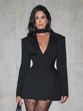 Chic Waist Cinching Mini Dress Women Fashion Full Sleeve Deep V-neck Double Breasted Short Dresses Lady Daily Party Street Gowns