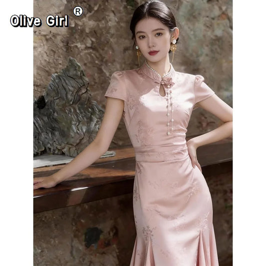 Olive Girl Romantic Qipao for Garden Wedding 2026 Fairycore Photoshoot Everyday Wear S-XXL XS-3XL Plus Size Romantic Garden Party Editorial Not Costume Qipao Cheongsam Chinese Dress Chinese Heritage Fashion Women