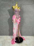 Strapless Rhinestone Evening Gown 3D Leaf Feather Appliques Sheer Mesh LongDress Prom Birthday Party Performance Formal Costume